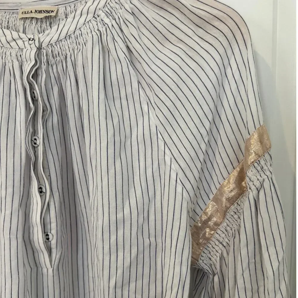 Ulla Johnson | Kora Blouse Puff Sleeve Striped Top Shimmer Porcelain Size 6 Med